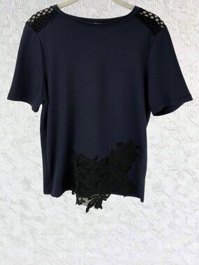 Elie Tahari Sport Chic Dark Blue Blouse with Black Sheer Lace Mesh Trim Size S